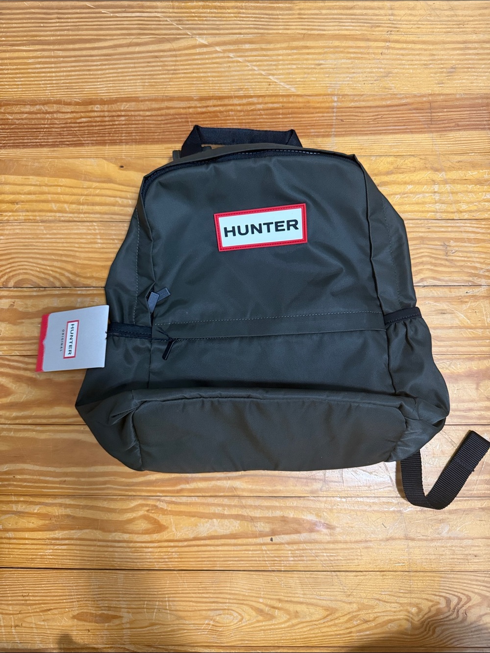 HUNTER Olive Green Nylon Backpack with Red Logo Patch